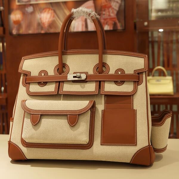 【エルメス HERMES】バーキン カーゴ 35 ゴールド (37) エクリュ トワルアッシュ スイフト シルバー金具（50％手縫い＋50％マシン）